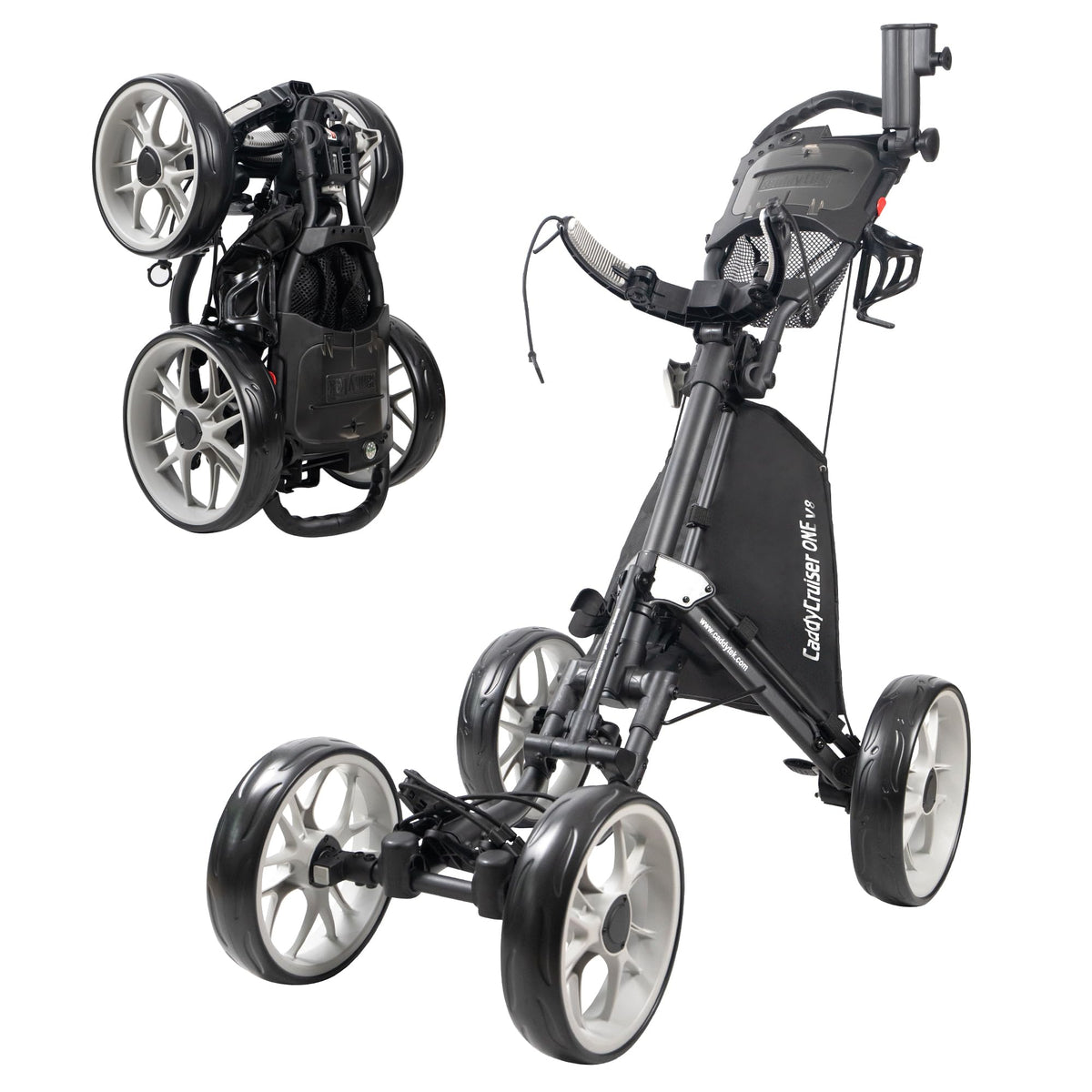 Caddytek CaddyCruiser ONE V8 4 Wheel Golf Push Cart - Lightweight Aluminum Foldable Cart with EVA Wheels, Foot Brake, Adjustable Handle, Cooler Basket, Umbrella Holder, Drink Holder, Scorecard Console