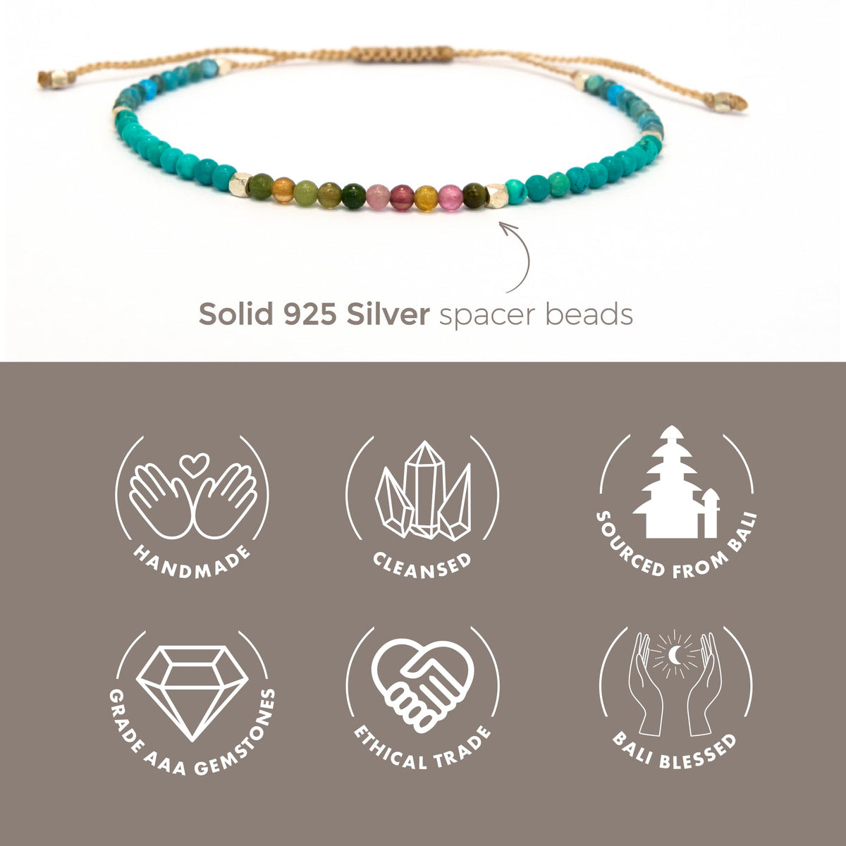 BALIPURA - Clear Mind Aura Bracelet Gift for Women (2mm Small Beads) - Beaded Crystals Apatite, Color Tourmaline and Turquoise, 925 Solid Silver Spacer - Precious Gemstones Healing Crystal