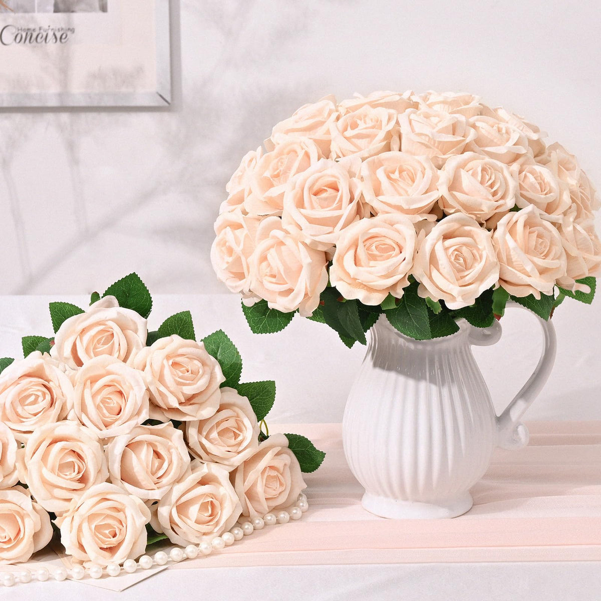 50 Pcs Champagne Roses Artificial Flowers, Real Touch Velvet Roses Bouquet Fake Flowers Bulk, Artificial Roses with Long Stems for Birthday Gift Women Mom DIY Bridal Wedding Centerpiece Decorations