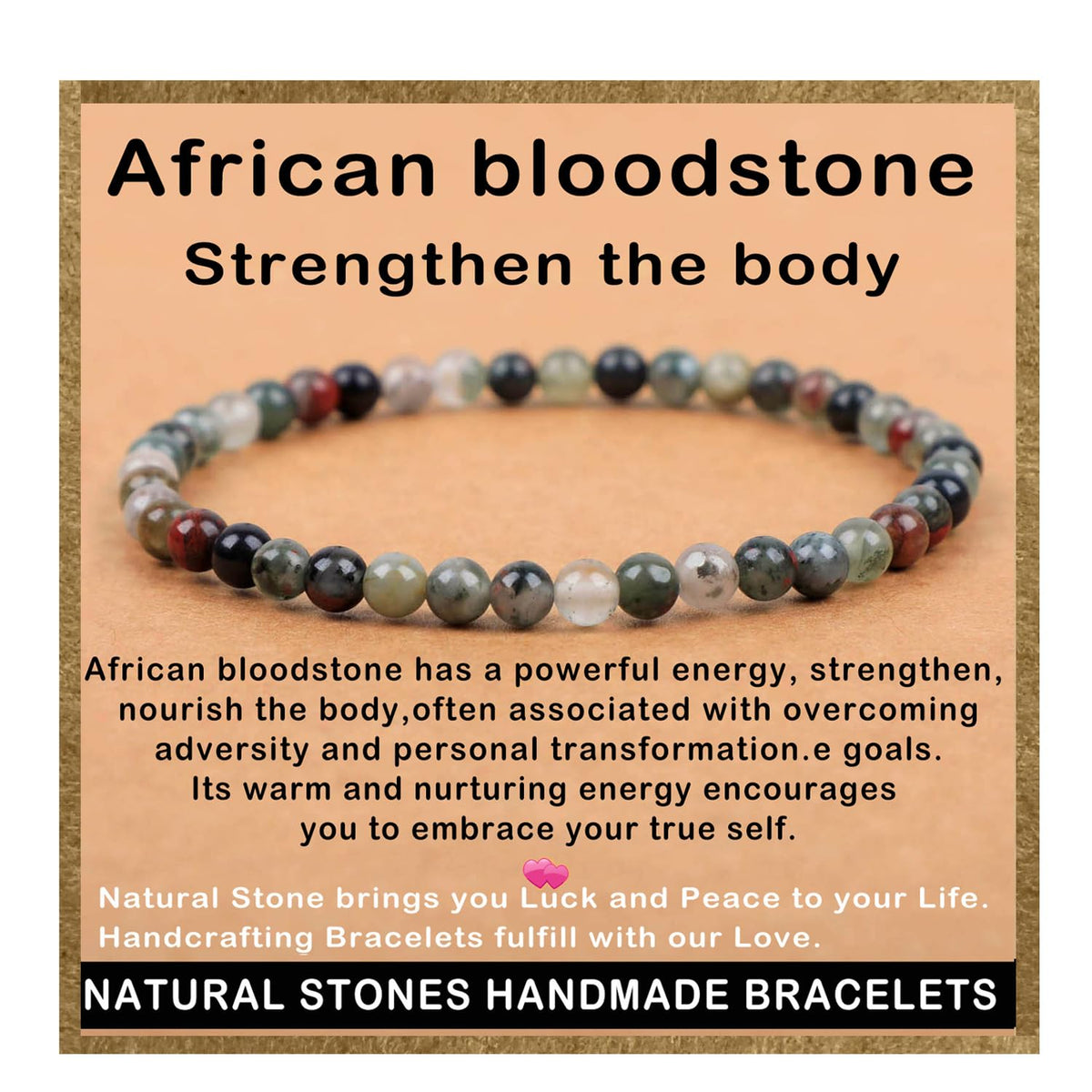 AD Beads Handmade Gemstone Stretch Elastic Bracelet Crystal Healing Reiki Nature's Beauty and Spiritual Essence Unisex (4mm, African Bloodstone (Strengthen the Body))