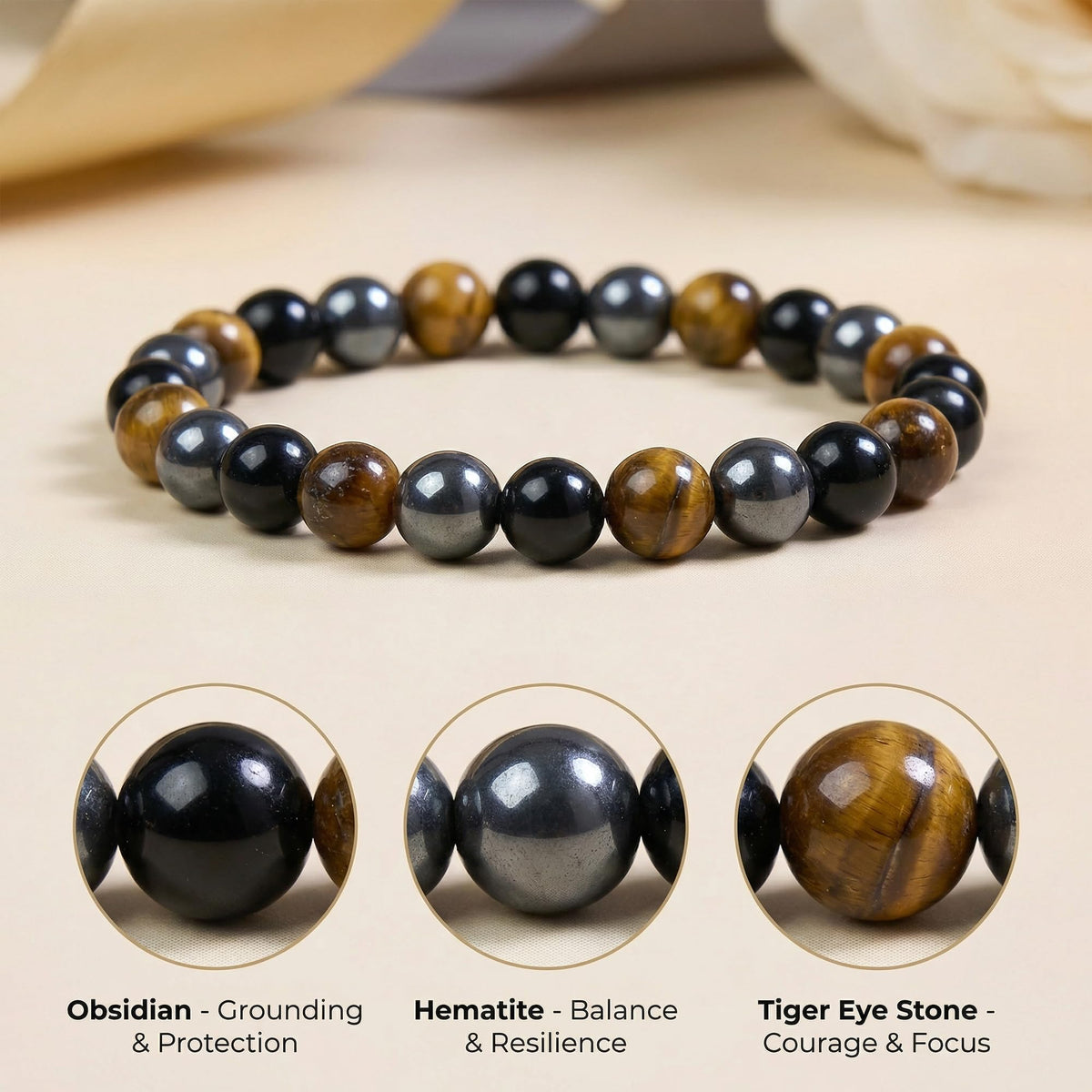 Bivei Triple Protection Bracelet, Strength Crystal Healing Bracelet 8MM with Obsidian & Hematite & Tiger Eye - Spiritual Stretch Beaded Jewelry for Women Men Gift