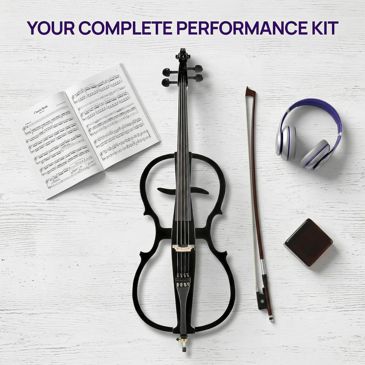Verahaus Electric Cello 4/4 Full Size Ebony Fittings with Lightweight Cello Bag, Headphones, Bow, Bridge, Rosin, Cello for Beginners Adults(Metallic Black)