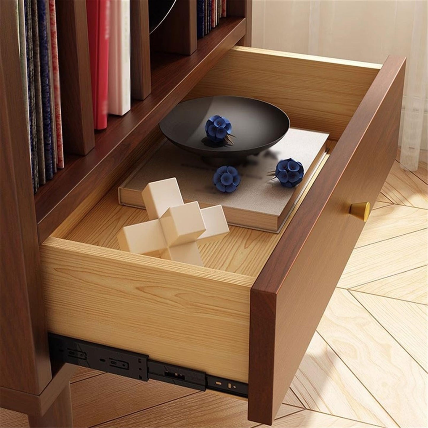 YUHUAWF Vinyl Record Holder Wooden Vinyl Record Low Cabinet with Drawers Storage Unit Display Holder CD Holder(Walnut colour)