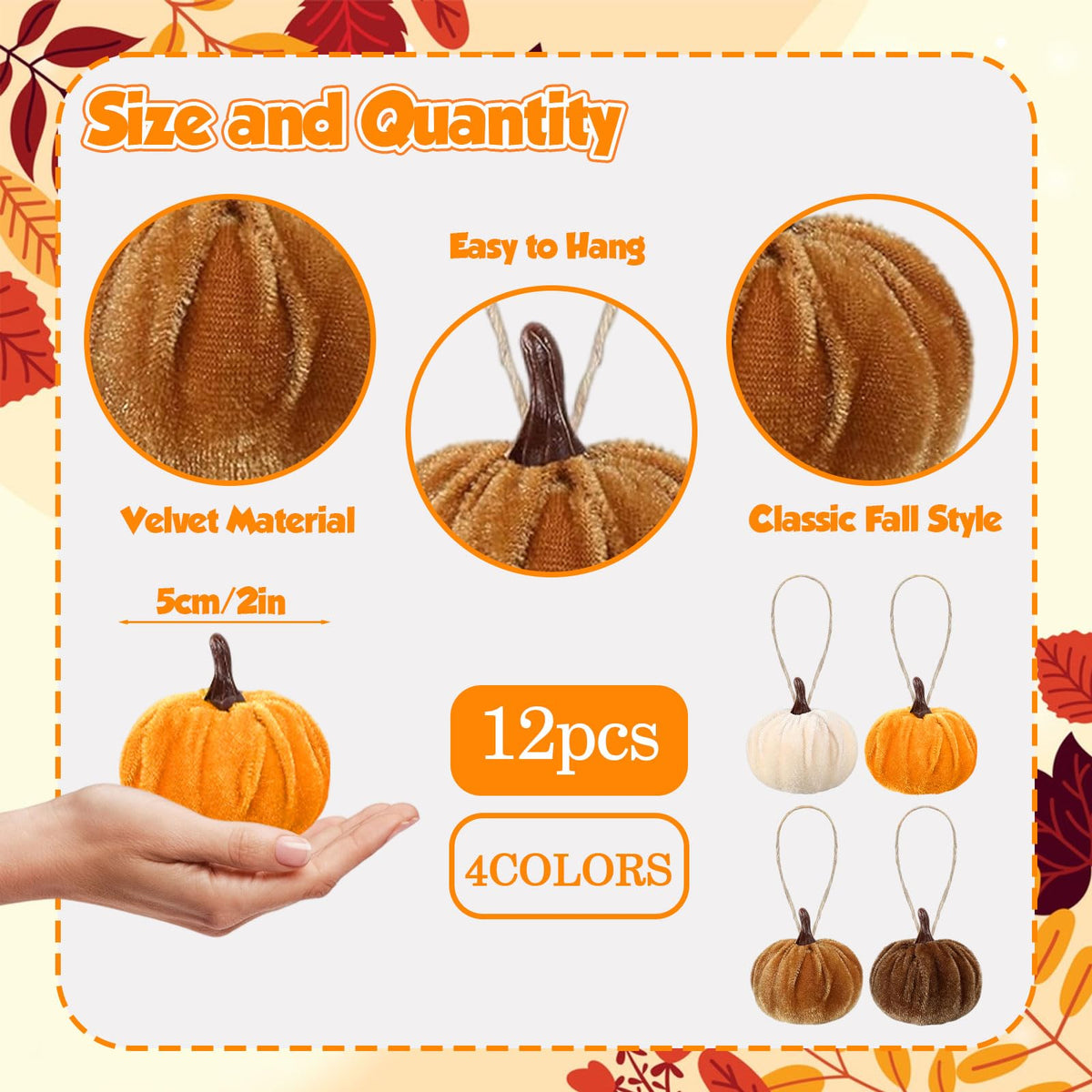 12 Pcs Velvet Pumpkins Fall Thanksgiving Pumpkins Hanging Ornaments Fall Tree Decorations Orange White Brown Velvet Wrapped Pumpkin Ball Decor with Hemp Rope for Thanksgiving Party Tree Farmhouse (A)