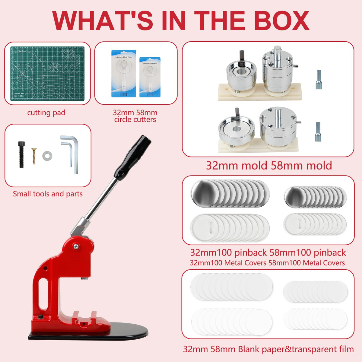 MK.Bear Button Maker Machine Multiple Sizes, Pin Maker Button Machine 1.25+2.25 Inch (32+58mm), DIY Button Press Machine Kit with 200 Button Parts Supplies, Comes with Circle Cutter and Cutting Mat