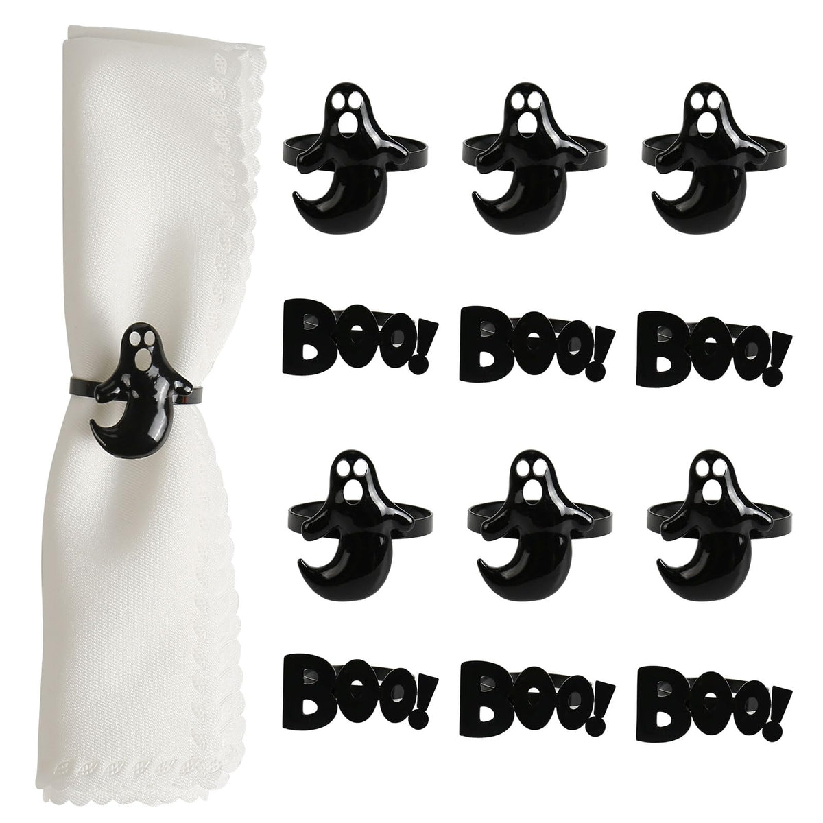 Getfitsoo Halloween Napkin Rings Set of 12, Ghost Boo Halloween Black Napkin Holders Metal Buckles for Halloween Party Decorations Home Kitchen Dinner Table Setting