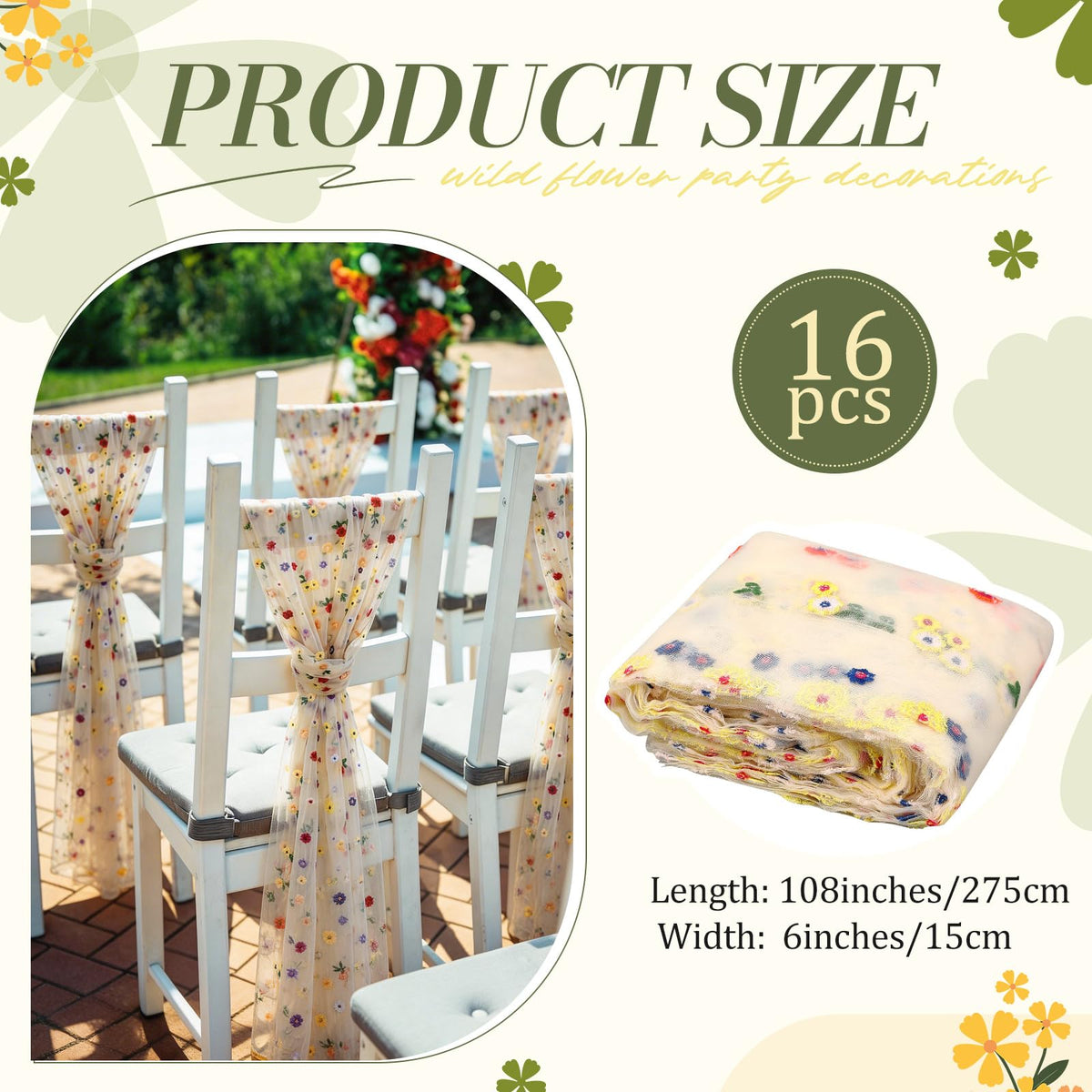 Jecery 16 Pcs Wedding Chair Decorations, Yellow Wildflower Chairs Sashes 6 x 108 Inch, Embroidered Tulle Chair Bows Ribbon Ties for Wedding Chairs Decor, Rustic Decor, Bridal Shower, DIY Craft