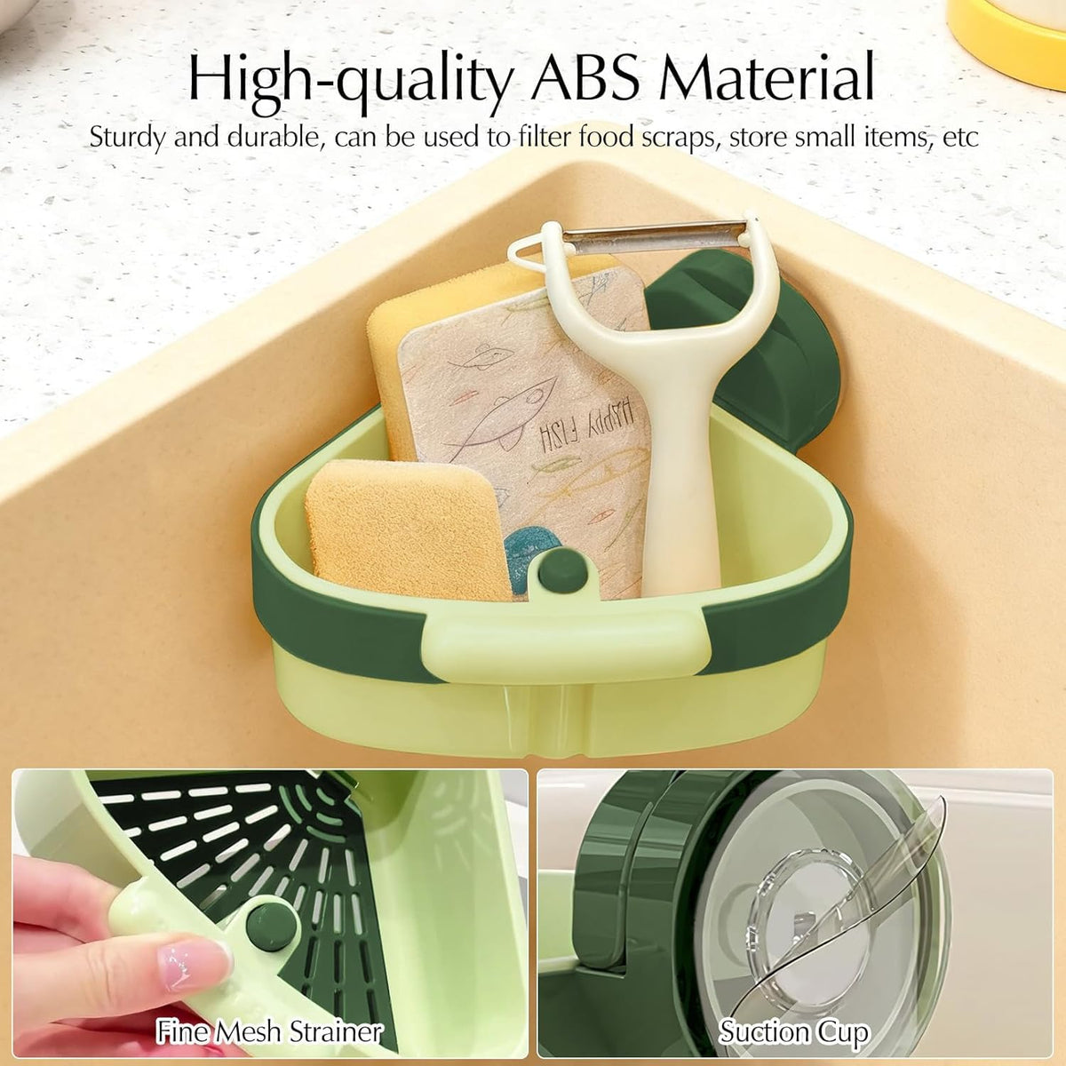 Yeguwithu Suction Cup Corner Sink Strainer, Upgraded Press Sink Drainer Basket, Plastic Sponge Holder, Sink Strainer Basket, Corner Sink Trash Catcher for Kitchen Bathroom, Green