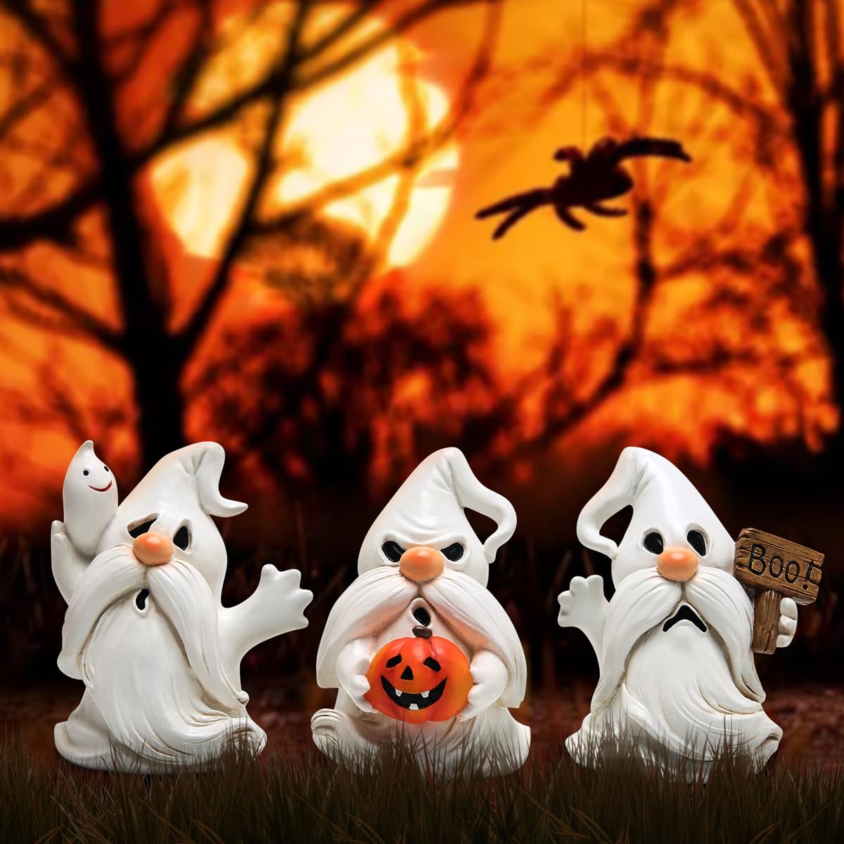 Hodao Halloween Ghost Gnome Figurines - Cute Spooky with Pumpkin & Boo Sign, 3PCS Indoor Outdoor Decor for Home, Party, Tiered Trays, Windowsills & Gifts