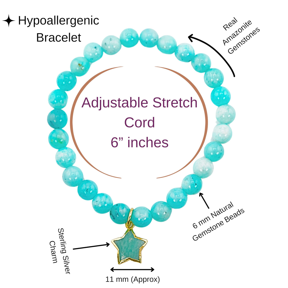 Amazonite Bracelet Birthday Favors for Kids, Toddler Bracelet with Certified 925 Sterling Silver 18K Gold Vermeil Amazonite Crystal Star Charm