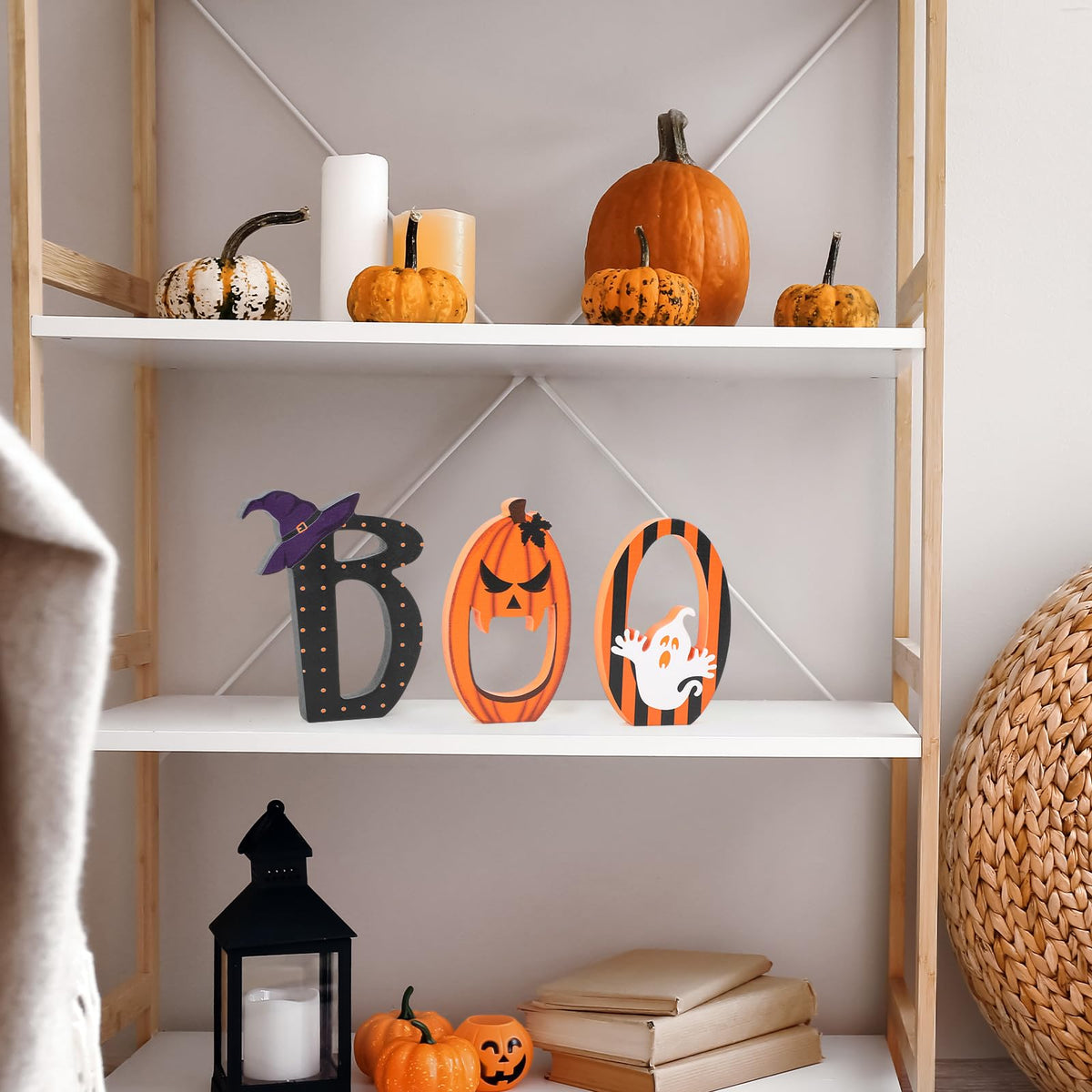 COCHIE BOO Signs Halloween Table Decorations Indoor, Retro Halloween Black Orange Tiered Tray Decor Set of 3, Wooden Happy BOO Day Decoration Sign for Party Home Shelf Display (Ghost)