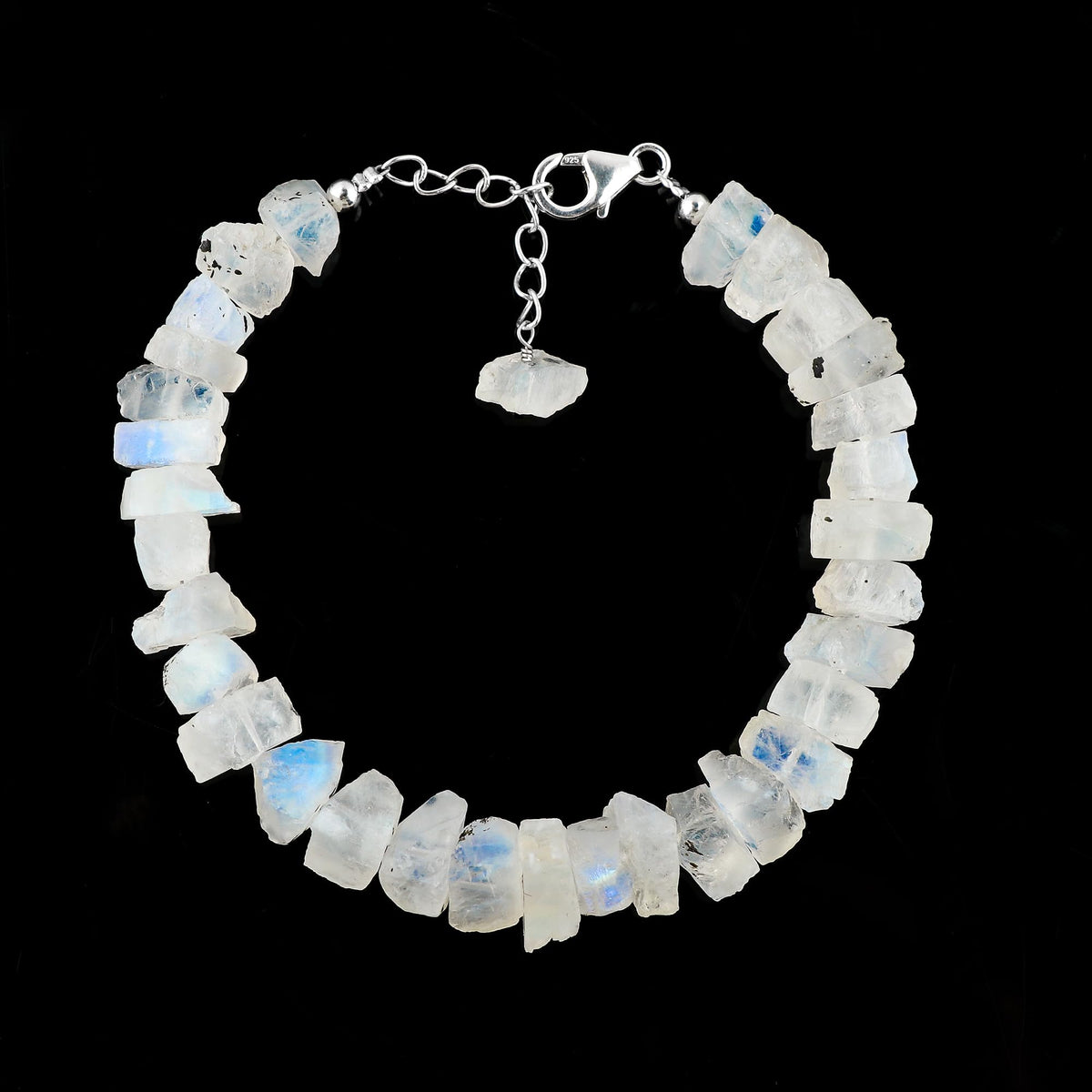 CRYSTALIS Natural Raw Rainbow Moonstone Adjustable Bracelet, High Grade Rough Gemstones, Chakra, Healing Crystals, Gift Giving Jewelry, 925 Sterling Silver Womens Bracelet 8 inch