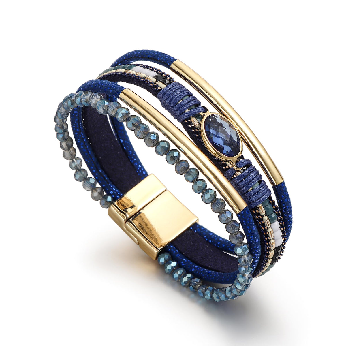 Edoneery Leather Wrap Bracelet for Women, Boho Handmade Multi-Layer Cuff with Crystal Beads Heart, Stackable Bangle Western Jewelry Gift(Crystal(Blue))