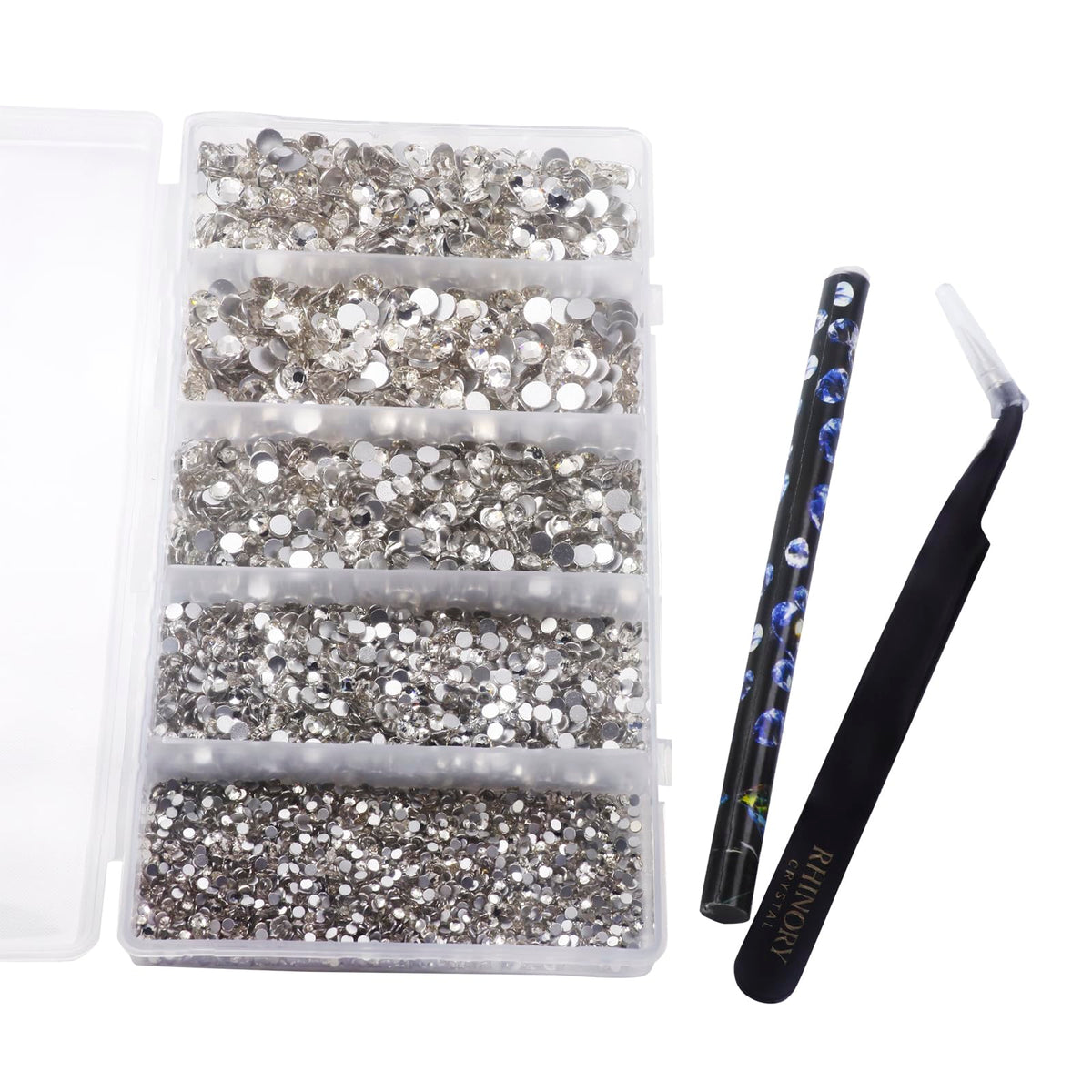 Rhinory Crystal Flatback Rhinestones Bedazzling Kit - Crystal Clear Gems SS6 SS10 SS16 SS20 Sizes (Over 6,000 Pieces) with Tweezers, Wax Picker Pen for Tumblers, Phone Cases, Shoes, Crafts