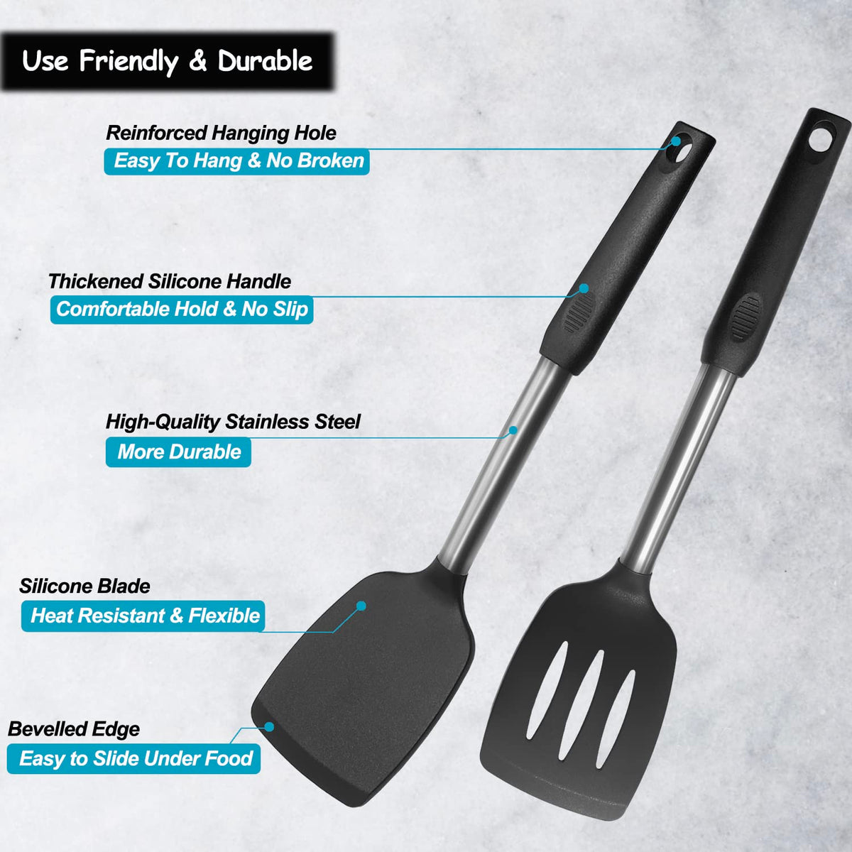 Silicone Spatula and Cooking Spoon,5 Pack Non-Stick Cooking Utensils for Kitchen，Heat Resistant Solid & Slotted Spoons and Spatulas, Stainless Steel Handle Coated with Silicone,Black