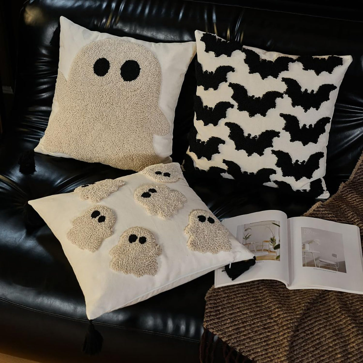 OFDNE Halloween Pillow Covers 18x18 inch Cute White Ghost Fall Throw Pillow Cases Soft Plush Faux Fur Wool Couch Cushion Case for Chair Sofa Bedroom Living Room Home Decor Autumn