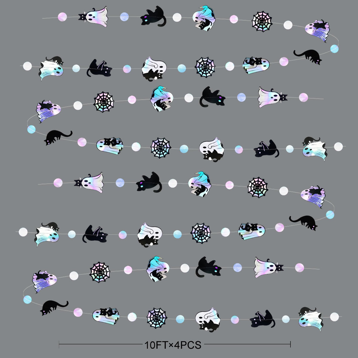 Iridescent Black Halloween Decorations Holographic Ghost Black Cat Spider Web Polka Dot Paper Hanging Garland Streamer Banner for Halloween Birthday Baby Shower Bachelorette Wedding Party Supplies