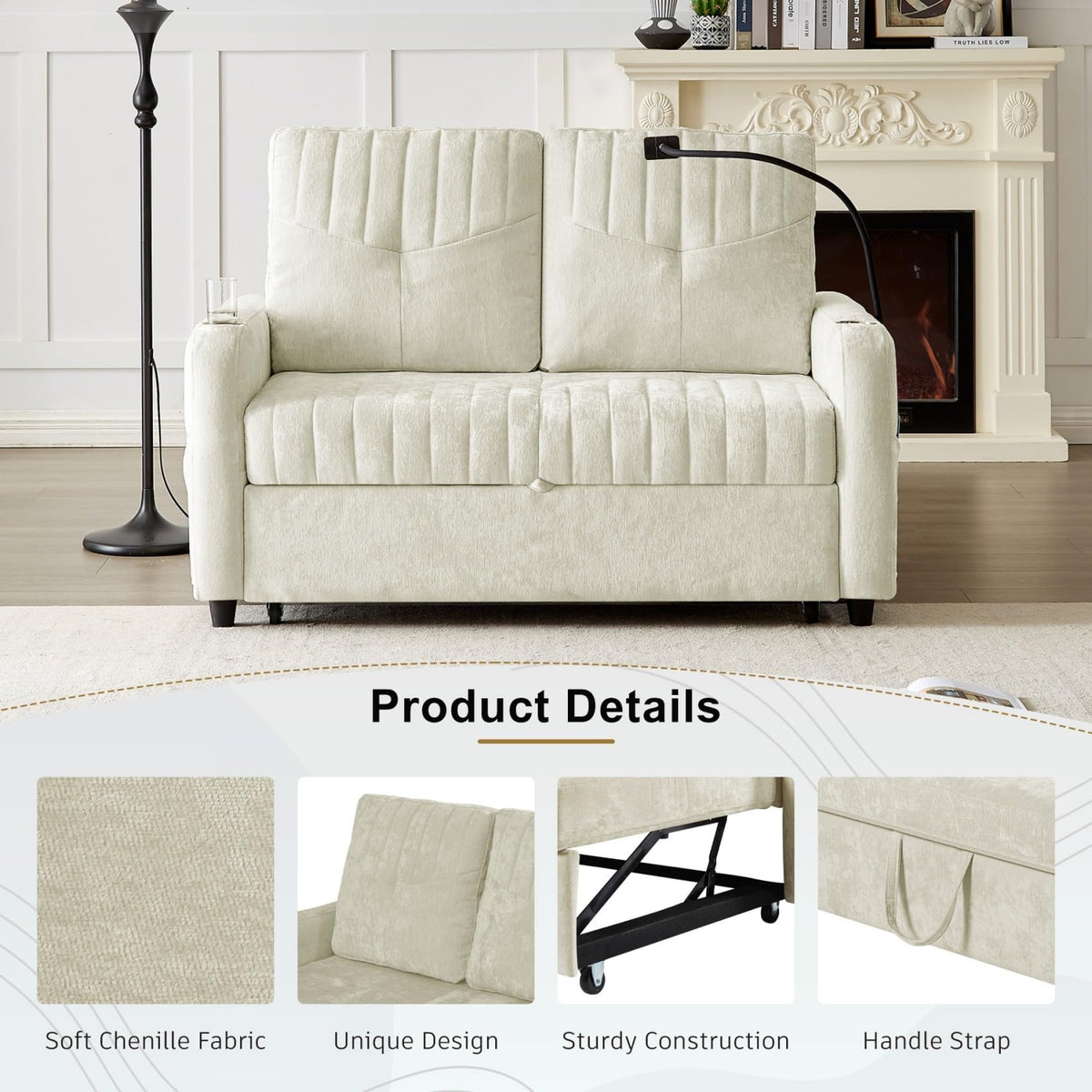Merax Chenille 3-in-1 Pull Out Sleeper Sofa Bed Couch, 54" Convertible Futon Loveseat with Adjustable Backrest, 2 Cup Holders, Phone Stand, 3 Charging Ports and Storage Pockets for Living Room, Beige