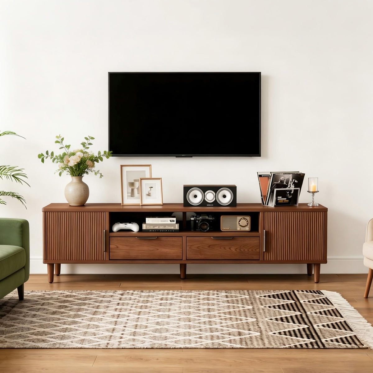 CycleCrew Mid Century Modern TV Stand for TVs Up to 70 in- Wooden Fluted Entertainment Center Low Profile TV Console with 2 Cabinet, Drawers and Shelf, Media Console for Living Room