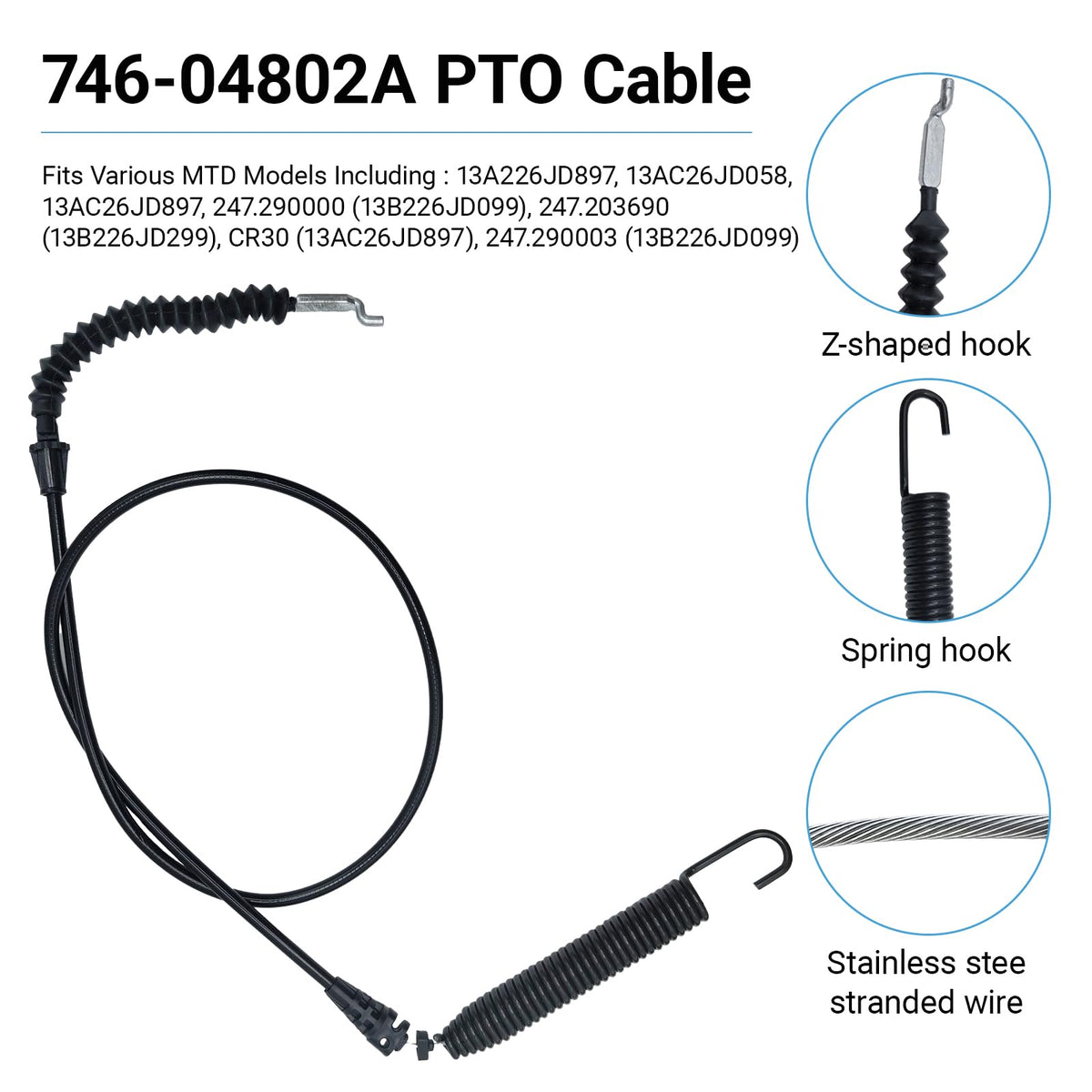 GnDaYoug 946-04802A PTO Control Clutch Cable, Replaces 746-04802 946-04802 746-04802A, Fits for MTD Troy-Bilt Cub-Cadet Craftsman Lawn Mower, 44 Inch Overall Length, 36 Inch Conduit