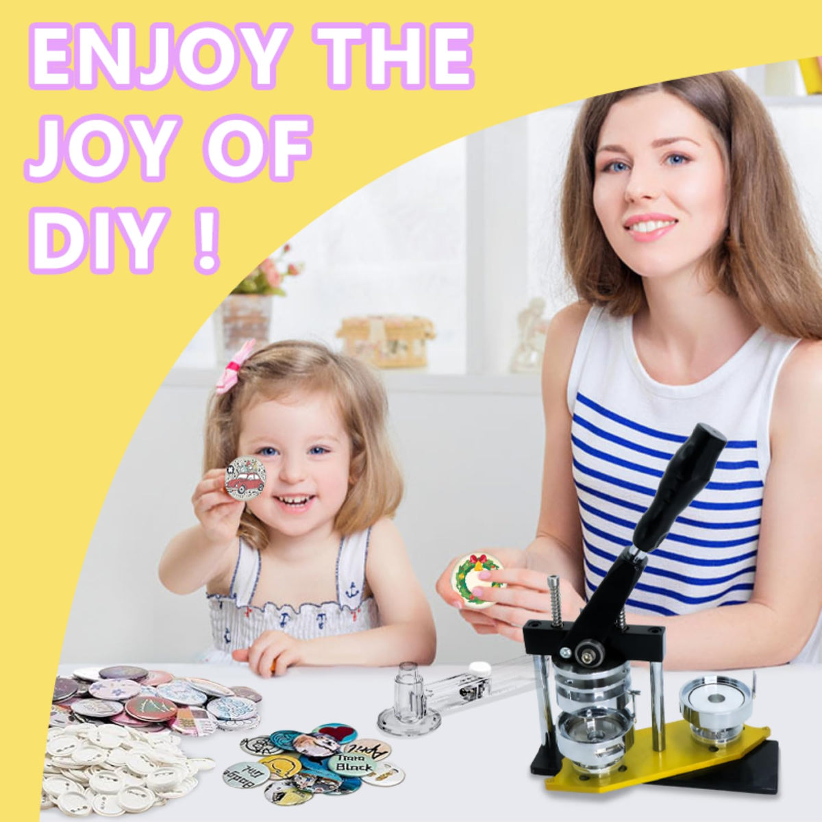 DCBADGE Button Maker Machine, 58mm/2.25 inch Pin Button Badge Maker,Interchangeable Button-Models Press Machine Kit with 300 Sets Buttons-Part Supplies & Circle Cutter & Cutting Mat