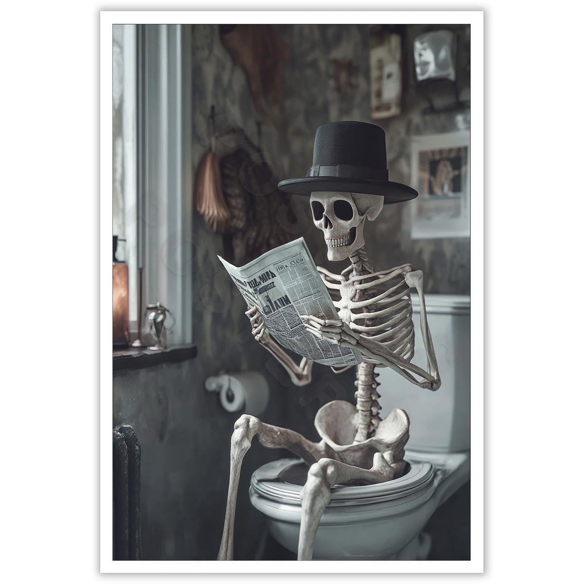 Funny Horror Skeleton Reading A Newspaper In The Toilet Print Picture Poster Whimsical Creepy Canvas Painting Wall Art Home Bathroom Room Decor Aesthetics 12X18 in Unframed