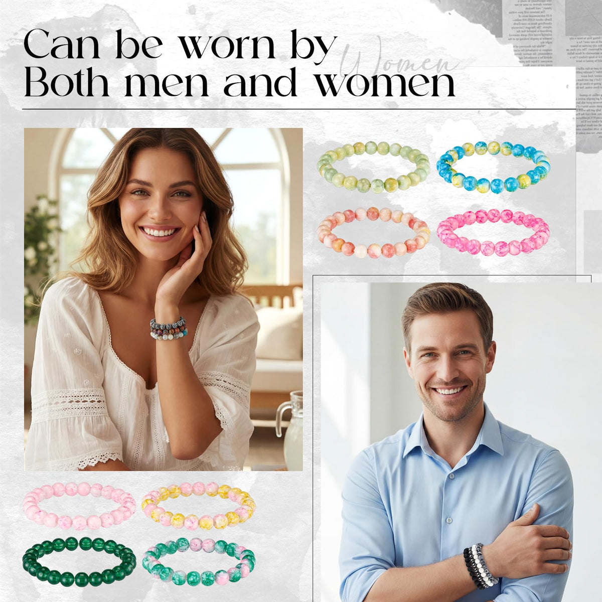 Landical 48 Pcs 8mm Round Beaded Bracelets for Women Men Semi Precious Gemstones Bracelets Crystal Stone Bracelet for Unisex