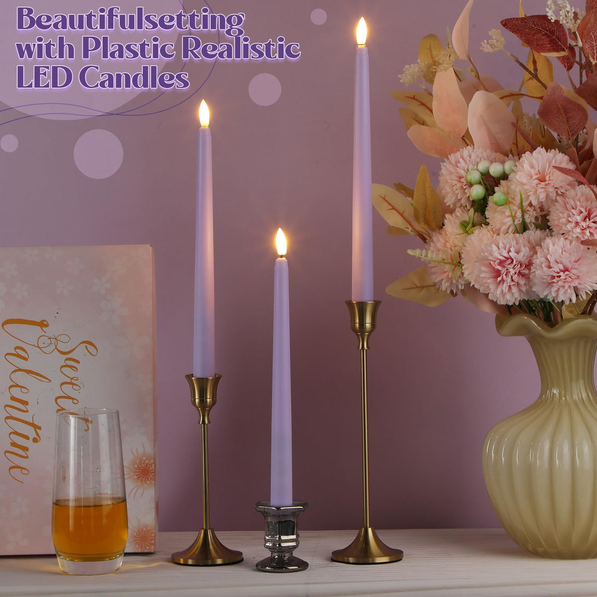 Macarrie 24 Packs Flameless Taper Candles Battery Operated Fake 11 Inch Long Candlelight LED Flameless Candlesticks Flickering Tapered for Spring Summer Wedding(Lavender Purple)