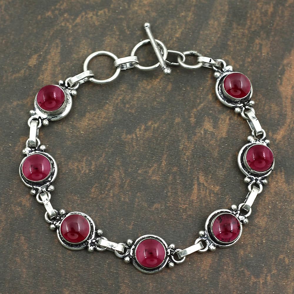 Natural Garnet 925 Silver Plated Vintage Style Bracelet for Women - Red Stone January Birthstone Handmade Adjustable Link Bracelet - Valentine's Day Gifts for Her
