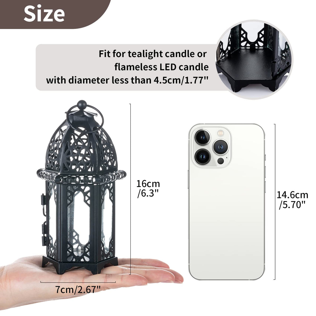 NUPTIO 6 Pcs Hanging Candle Holder Lantern Centerpiece Table/Hanging Glass Hexagon Moroccan Candle Lantern Holders, Black