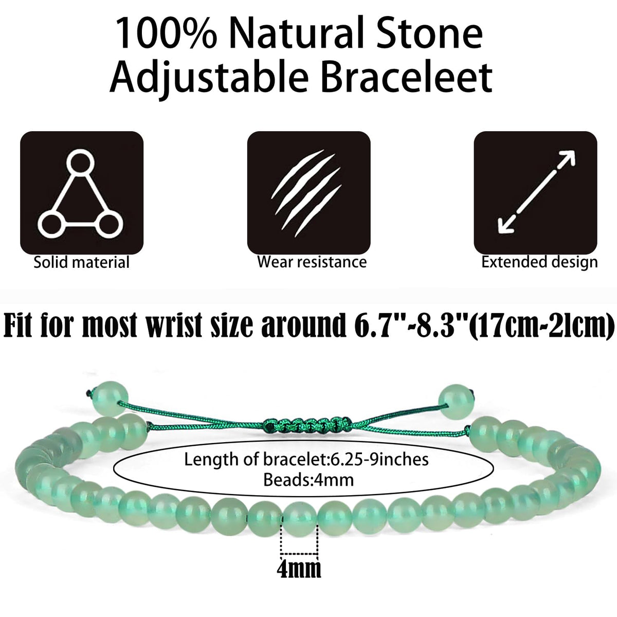 QOGIR Handmade Healing Stones Bracelet,4mm Natural Green Aventurine Gemstone Beads Bracelet,for Men Women Gifts with 2PCS Size Adjustable Rope Bracelets
