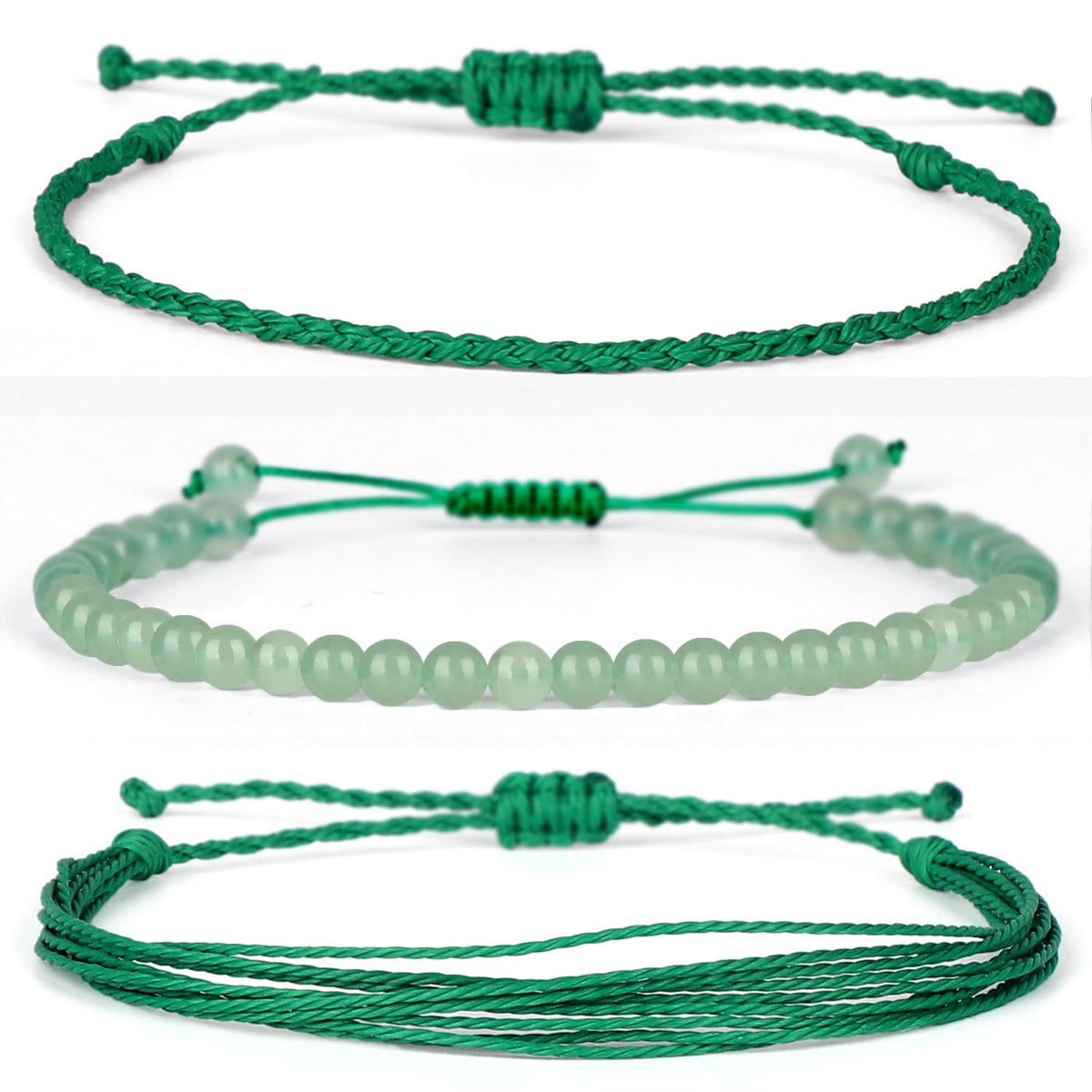 QOGIR Handmade Healing Stones Bracelet,4mm Natural Green Aventurine Gemstone Beads Bracelet,for Men Women Gifts with 2PCS Size Adjustable Rope Bracelets
