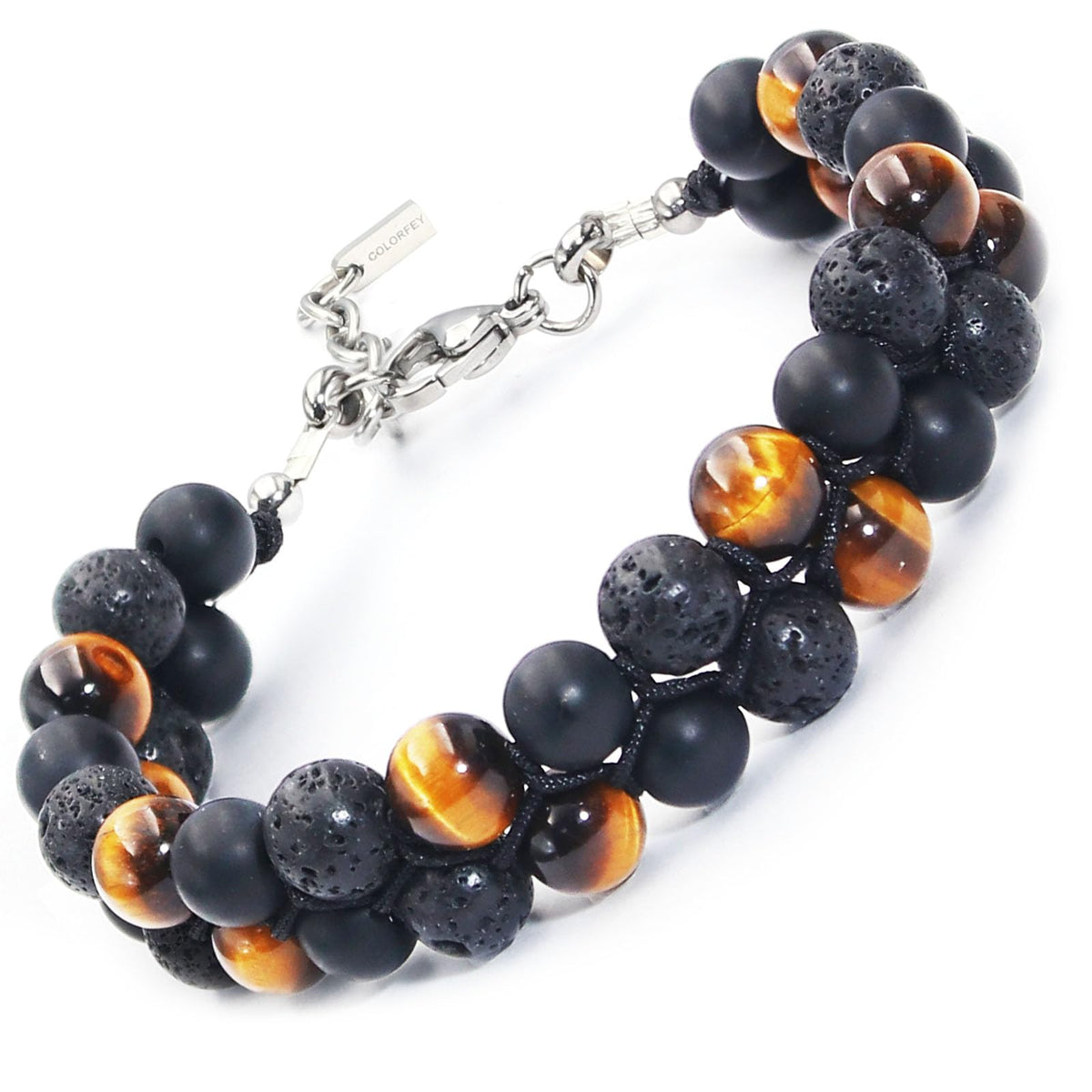 Triple Protection Bracelet for Men Women, COLORFEY Authentic Mens Bracelet Genuine Tiger Eye Black Onyx Lava Rock Crystal Bracelets, 8”Adjustable Beaded Bracelet for Men Grounding and Confidence