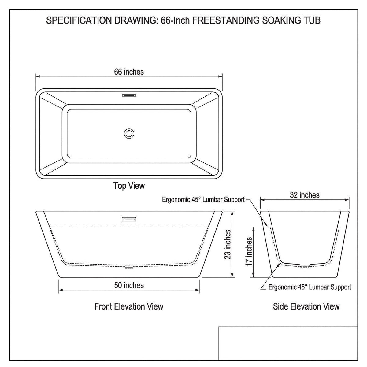 66" Acrylic Freestanding Soaking Bathtub, Matte Drain & Black Overflow, Modern Design Tub for Home Bathroom Renovations, Glossy White