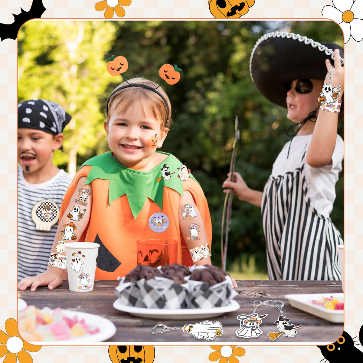 YYMYMGJ 108 PCS Halloween Ghost Party Favors, Cute Ghost Temporary Tattoos Slap Bracelets Stickers Keychains Badges for Halloween Ghost Birthday Party Decorations Supplies
