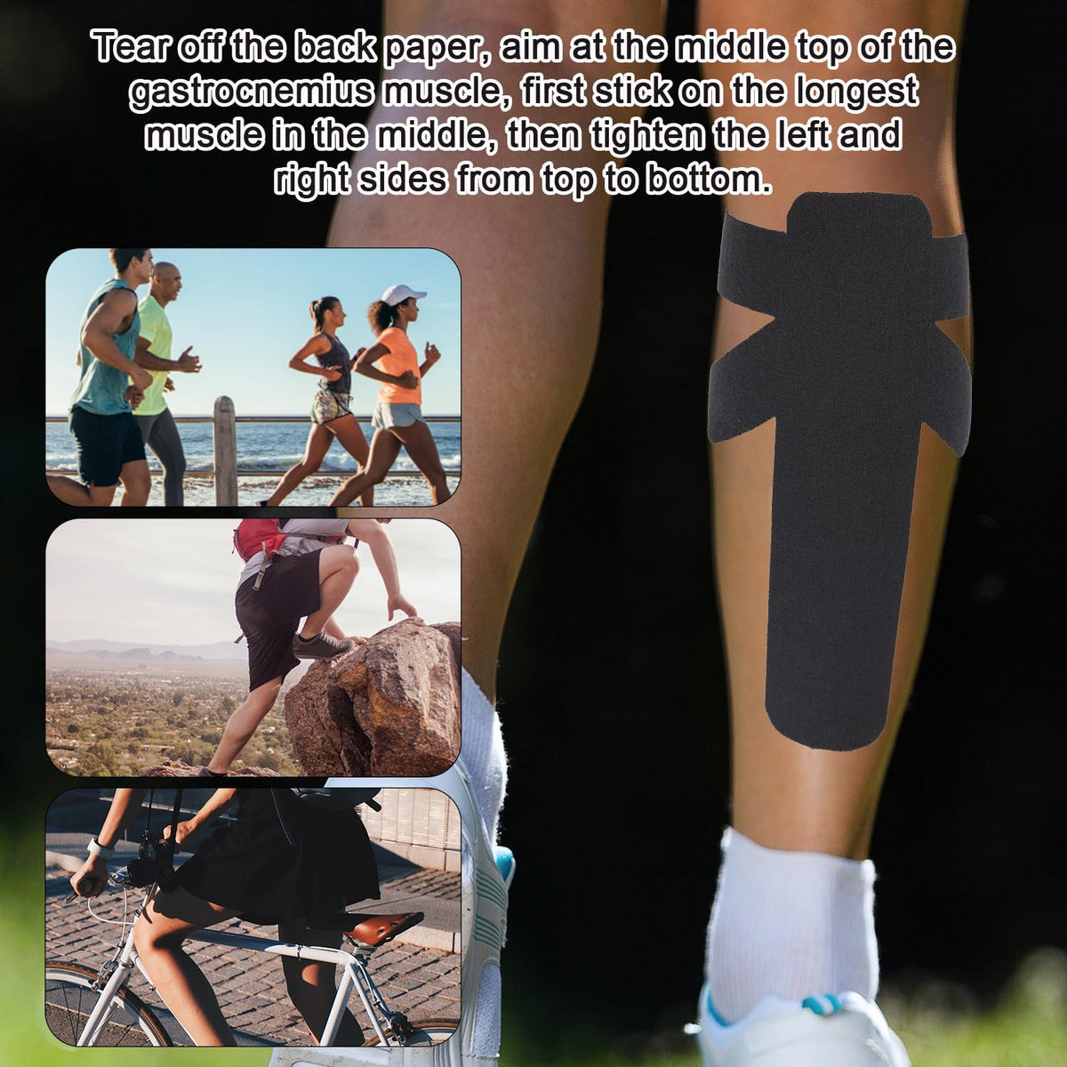 12pcs Precut Kinesiology Tapes for Calf Muscles, Waterproof & Breathable Athletic Calf Support Strips Tape Elastic Sports Tape Stickers for Swelling Muscle Recovery (Black)