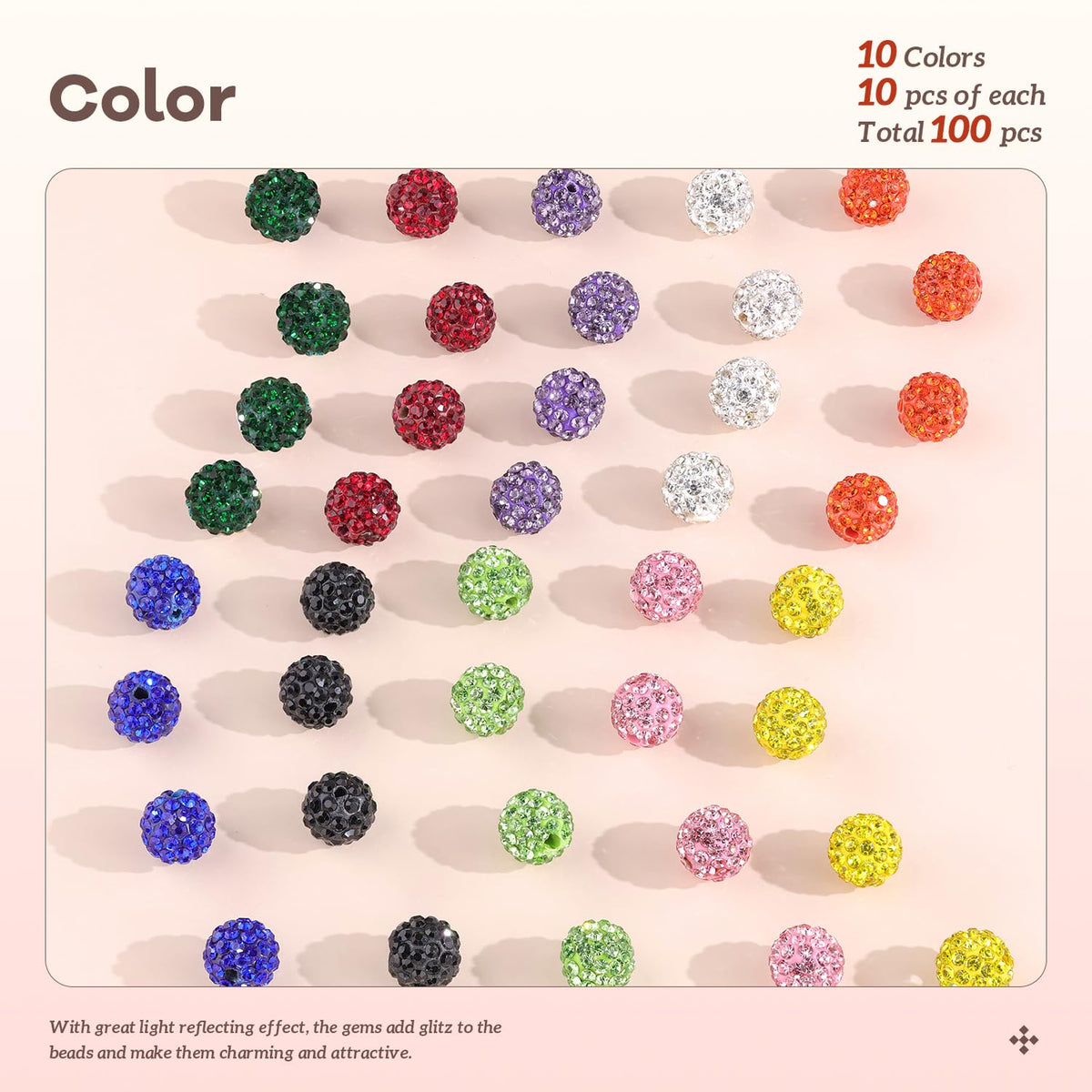 100 pcs 10mm Rhinestone Beads for Jewelry Making, 10 Mixed Colors Shiny Round Disco Ball Beads Bulk, Sparkle Crystal Clay Christmas for Bracelet Baseball Necklace Earring Crafting and DIY