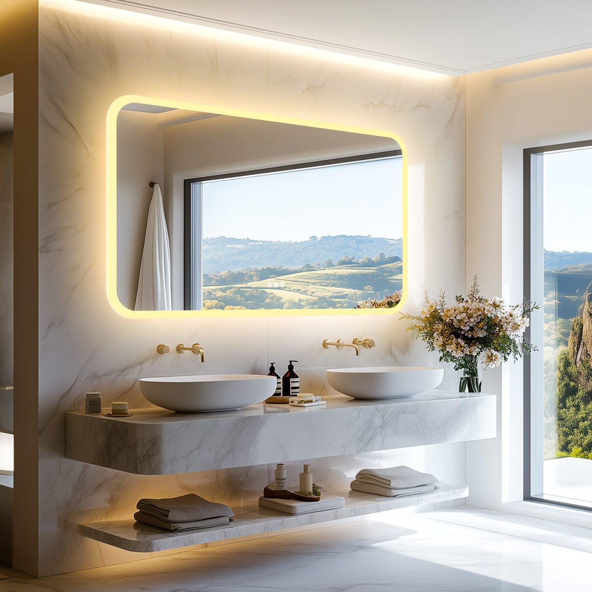 LUVODI Rectangle LED Bathroom Mirror: Smart Bluetooth Vanity Mirror Front-Lit Defogger Stepless Dimming, 27.6x47.3 inch