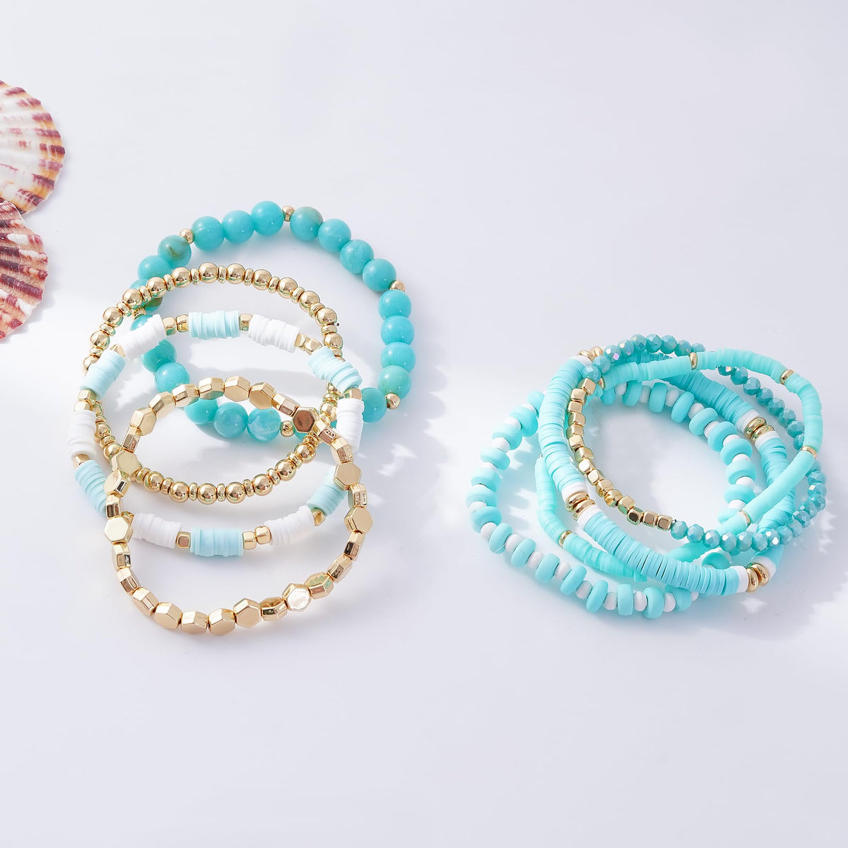 GOOJIDS Surfer Heishi Clay Bead Bracelets for Women Bohemian Stackable Gold Plated Beaded Stretch Bracelets Elastic Layering Friendship Bracelets Set Boho Jewelry