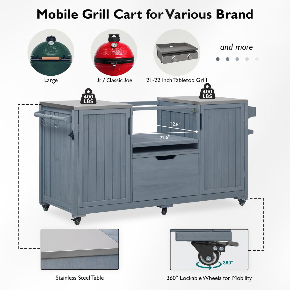 Trygoal 66.5" Outdoor Kitchen Island for Big Green Egg & Kamado Joe - 1380 sq in Heavy Duty Grill Cart with Stainless Steel Top - Solid Wood Rolling BBQ Prep Station with 6 Wheels & Storage, Grey Blue