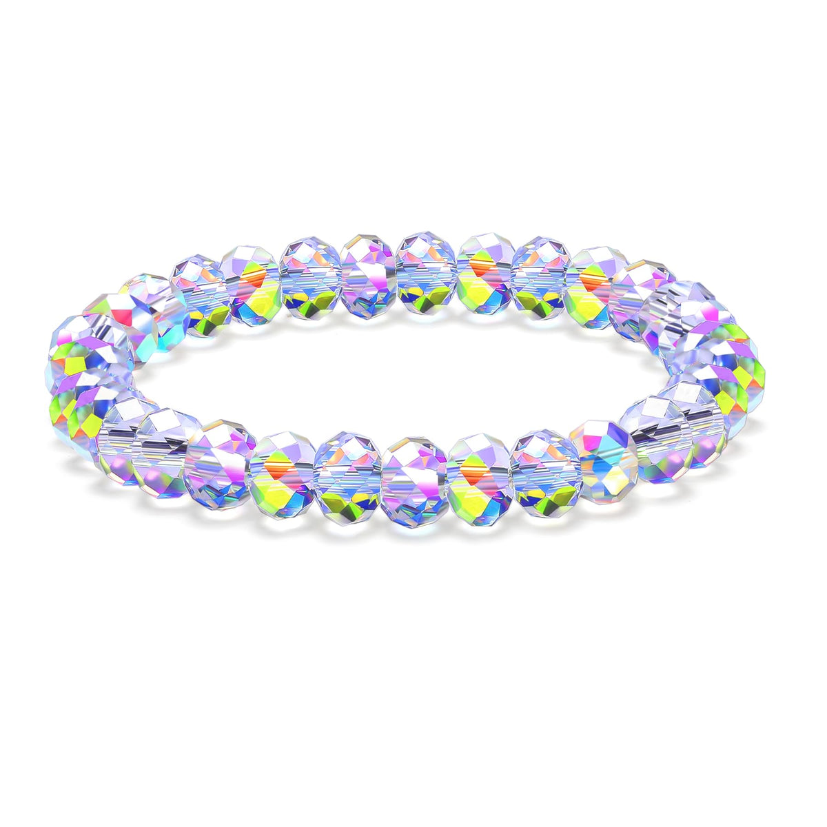HANGINTHERE Austrian Aurora Crystal Bracelet for Women, 8mm Faceted Beaded Stretch Bracelet, Sparkling Iridescent Crystal Jewelry for Daily Wear, Party, Wedding & Gifts, 7 Inches Fits Most Wrists