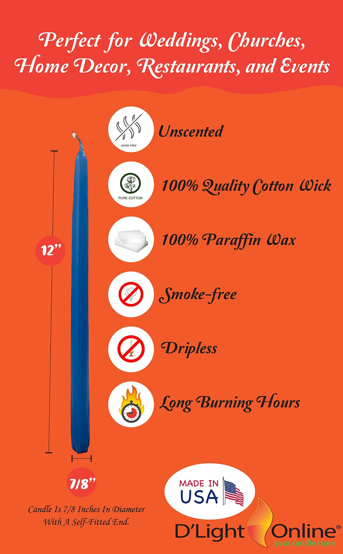 D'light Online Elegant Unscented 12" Medium Royal Blue Taper Candles Premium Quality Hand-Dipped Tapered Candles, Dripless and Smokeless - Set of 12 Individually Wrapped (12 Inch, Medium Blue)