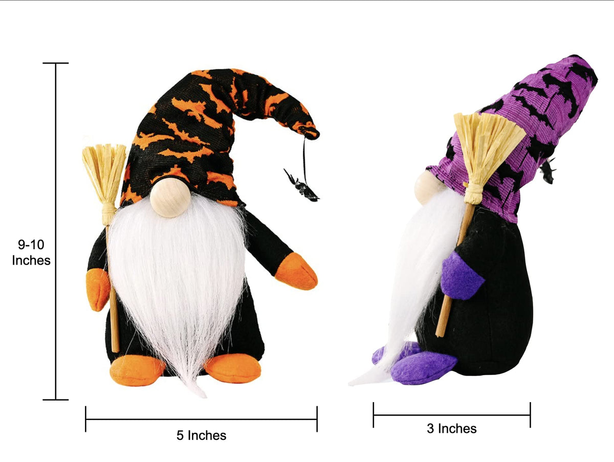 Halloween Gnome 2-Pack – Handmade Orange & Purple Figures with Wooden Broom – 10 Inch Tall Funny Halloween Decoration for Home by Cool Bean Inc