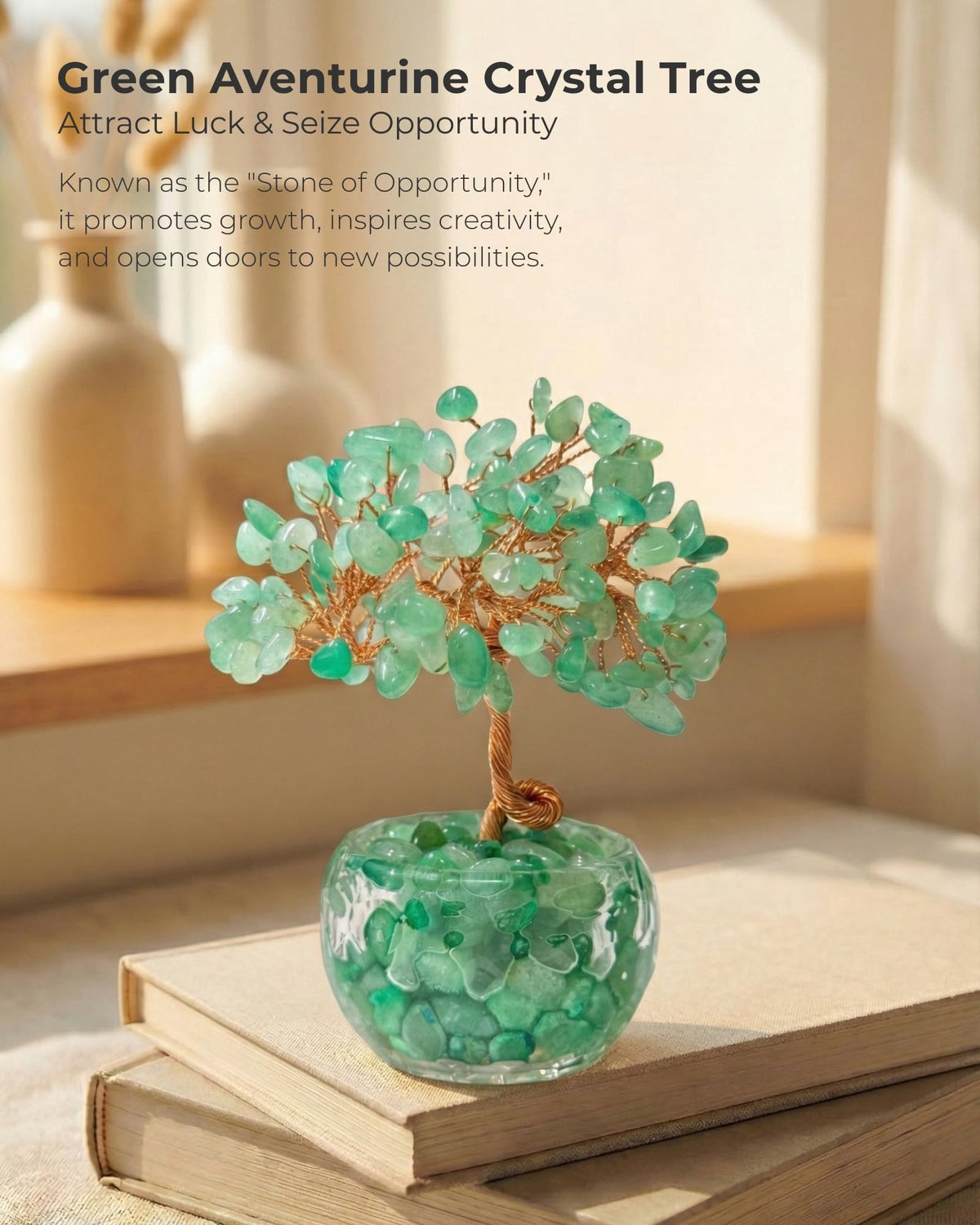 VELNORIX Green Aventurine Crystal Tree of Life - Natural Gemstone Feng Shui Bonsai - Healing Crystals Decor for Office, Attract Luck & Opportunity - Spiritual Gifts for Men & Women (Green)