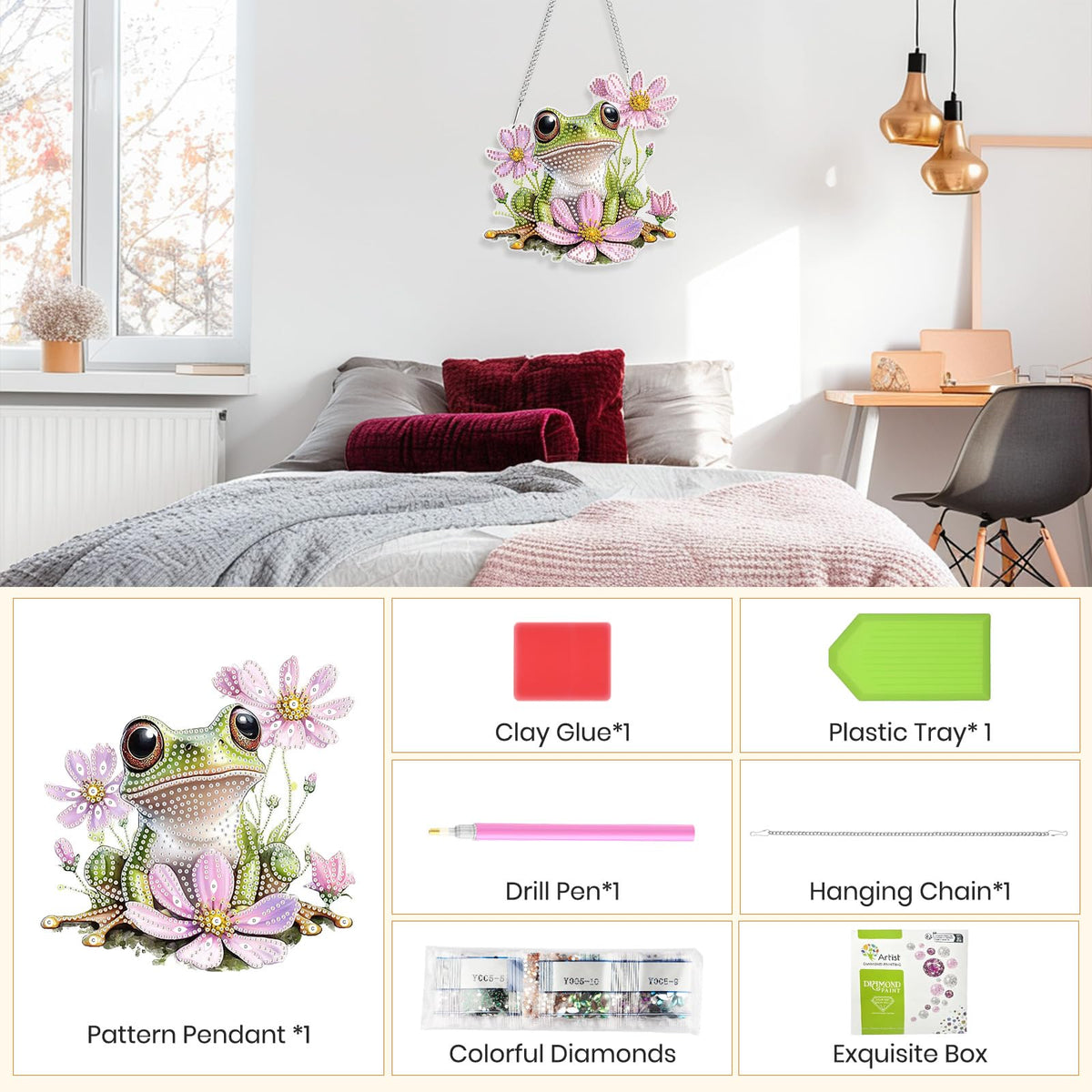 Hanging Diamond Art Kits for Adults Beginners, Frog Flower Diamond Painting Pendant Kit, DIY Acrylic 5D Special Shaped Crystal Diamond Gem Art Painting Hanging Ornament for Home Wall Decor and Gift