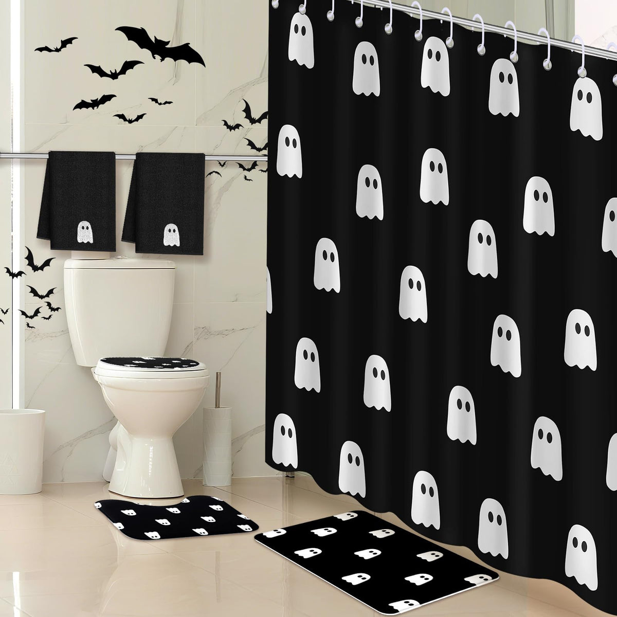 Maasechs 6 Pcs Halloween Ghost Shower Curtain Set 72" Ghost Bathroom Curtain with 12 Hooks Non Slip Rug Toilet Lid Cover Embroidered Towel U Shaped Rugs Non Slip Bath Mat for Halloween Home Decor