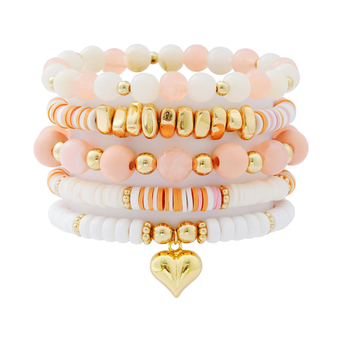 RISHEGAE Heishi Beaded Stretch Bracelets for Women Stackable Gold Polymer Clay Beads Bracelet Friendship Boho Summer Beach Bracelets Jewelry Set (C-Pink Gold Heart)