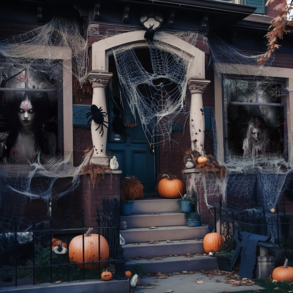 Newwiee 2 Pcs Scary Halloween Curtain Window Silhouette Cover Decoration Theme Poster for Indoor Outdoor Party Wall Door(Female Ghost)