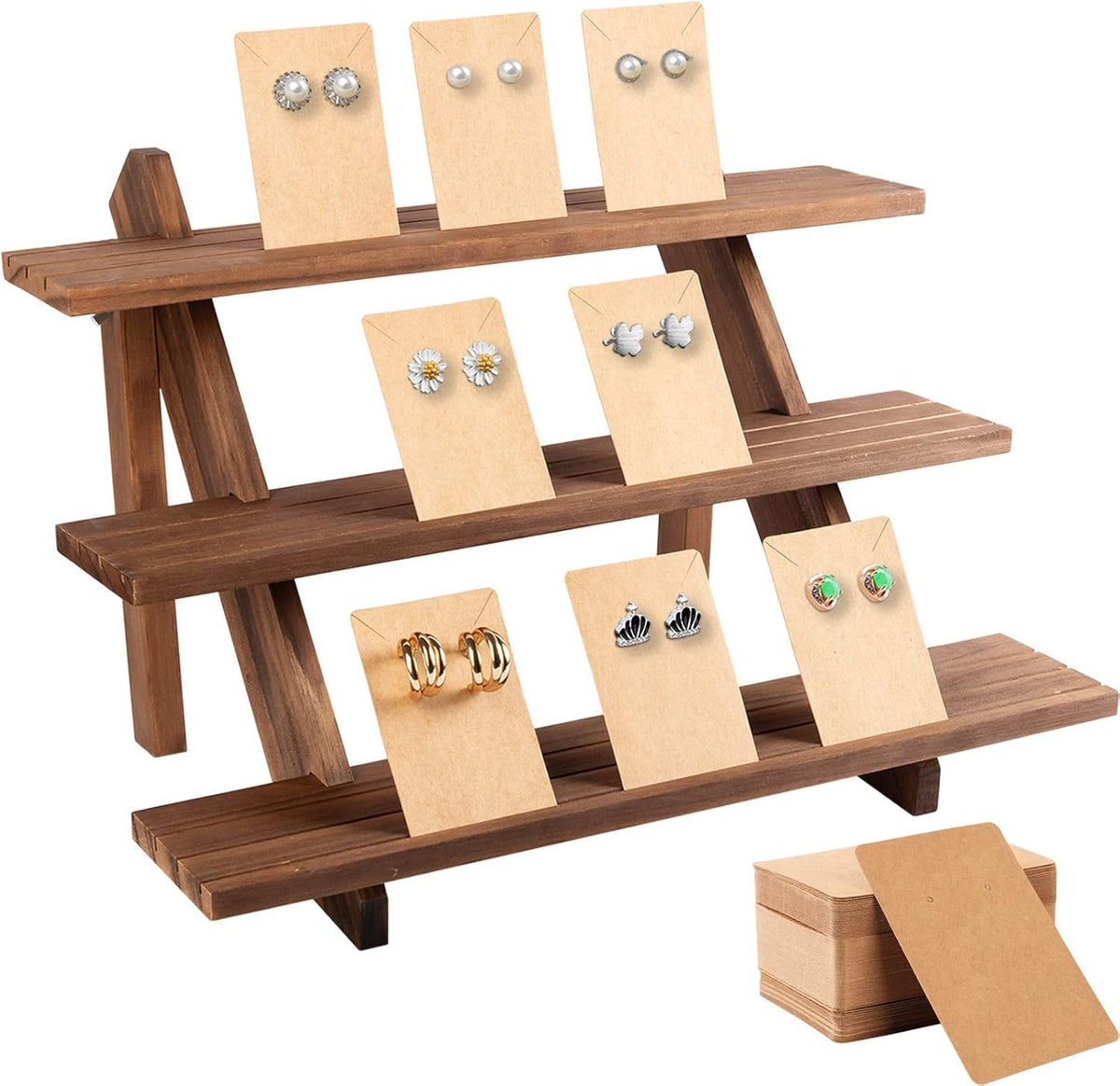 ZYP 51pcs 3-Tier Wood Earring Display Stand, Retail Jewelry Card Stand with Groove + 50 Cards Portable Ring Organizer Holder Showcase Racks for Business Home Using