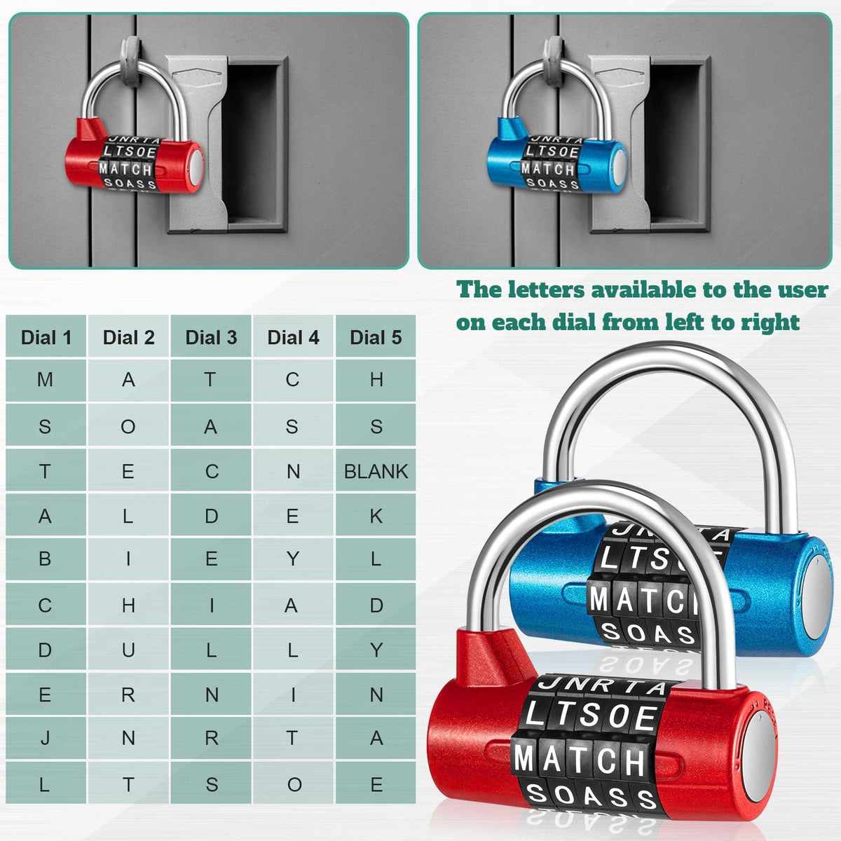 Shimeyao 2 Pcs 5 Letter Combination Lock Metal 5 Digit Lock Heavy Duty Word Gym Locker Keyless Resettable Safety Padlock for School Gym Locker Toolbox Hasp Cabinet(Blue, Red)